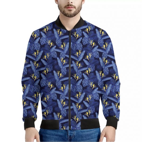 Blue Hawaiian Tropical Pattern Print Bomber Jacket