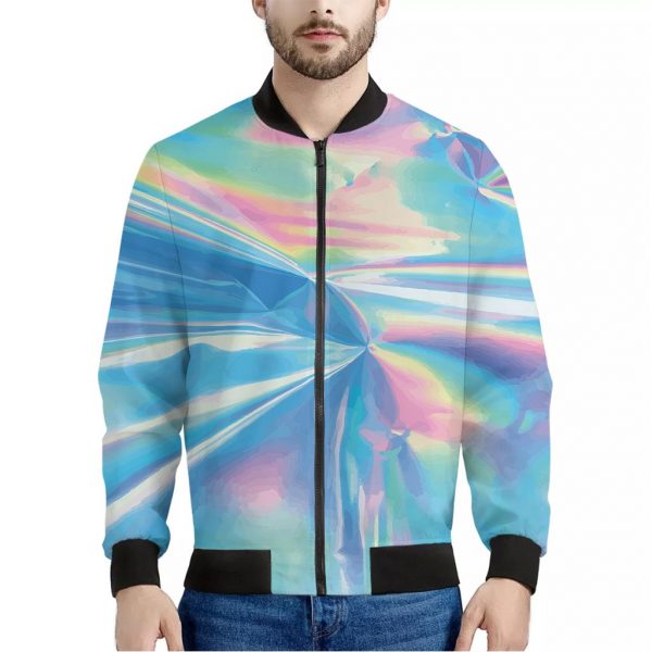 Blue Holographic Print Bomber Jacket