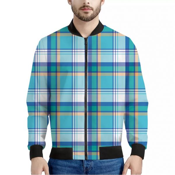 Blue Madras Pattern Print Bomber Jacket