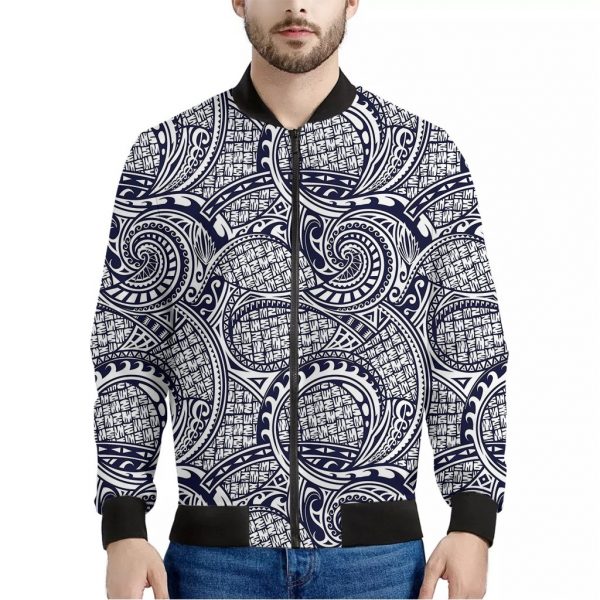 Blue Maori Polynesian Tribal Print Bomber Jacket