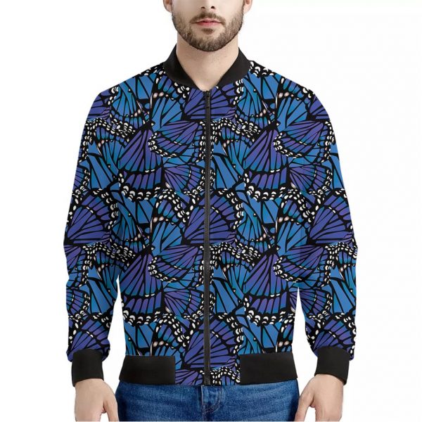 Blue Monarch Butterfly Wings Print Bomber Jacket