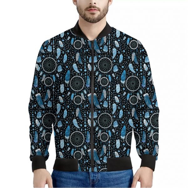 Blue Native Dream Catcher Pattern Print Bomber Jacket
