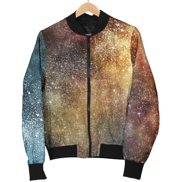 Blue Orange Stardust Galaxy Space Print Bomber Jacket