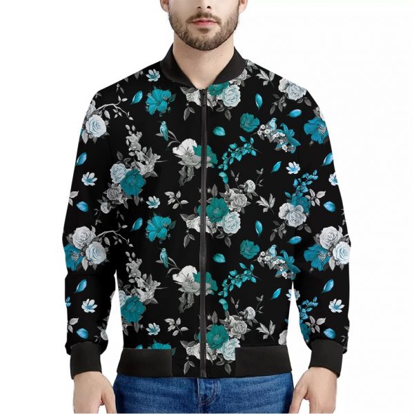 Blue Peony And Grey Rose Floral Print Bomber Jacket