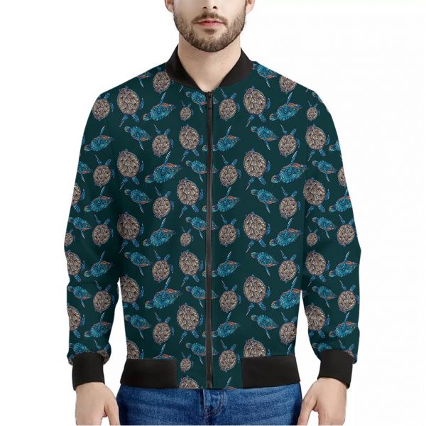 Blue Sea Turtle Pattern Print Bomber Jacket