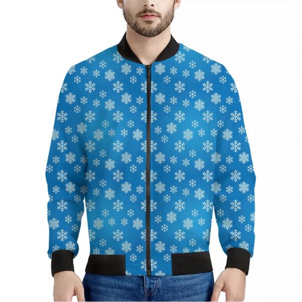 Blue Snowflake Pattern Print Bomber Jacket