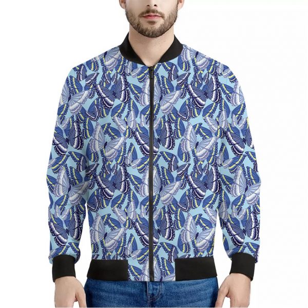 Blue Spring Butterfly Pattern Print Bomber Jacket