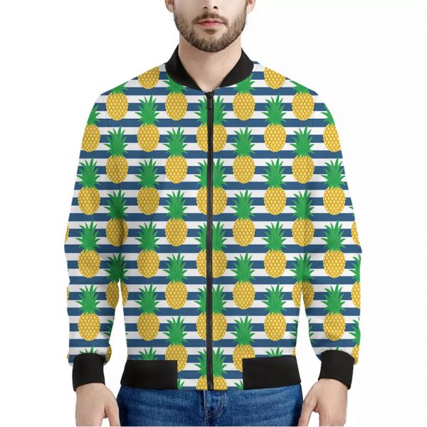 Blue Striped Pineapple Pattern Print Bomber Jacket
