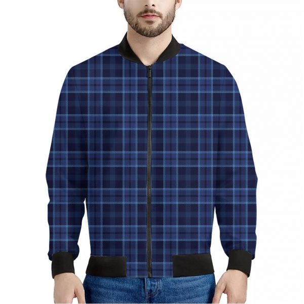 Blue Tartan Pattern Print Bomber Jacket