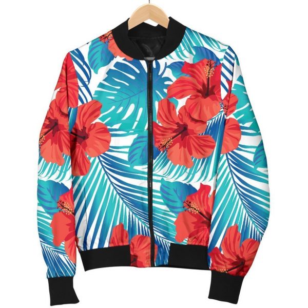 Blue Tropical Hibiscus Pattern Print Bomber Jacket