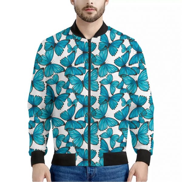 Blue Watercolor Butterfly Pattern Print Bomber Jacket