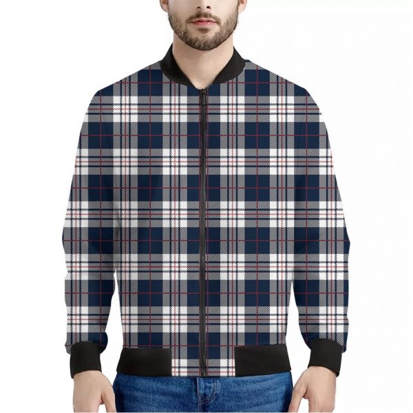 Blue White And Red Tartan Pattern Print Bomber Jacket
