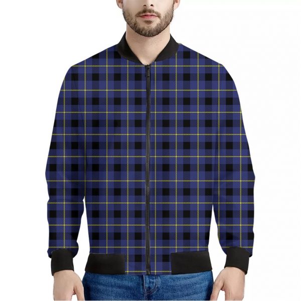 Blue Yellow And Black Plaid Print Bomber Jacket