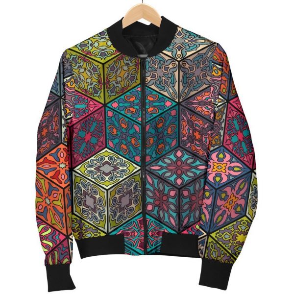 Bohemian Indian Box Pattern Print Bomber Jacket