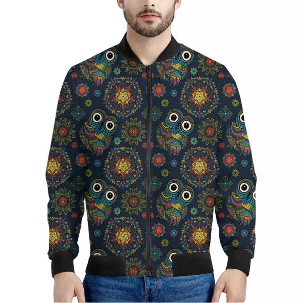 Bohemian Owl Pattern Print Bomber Jacket