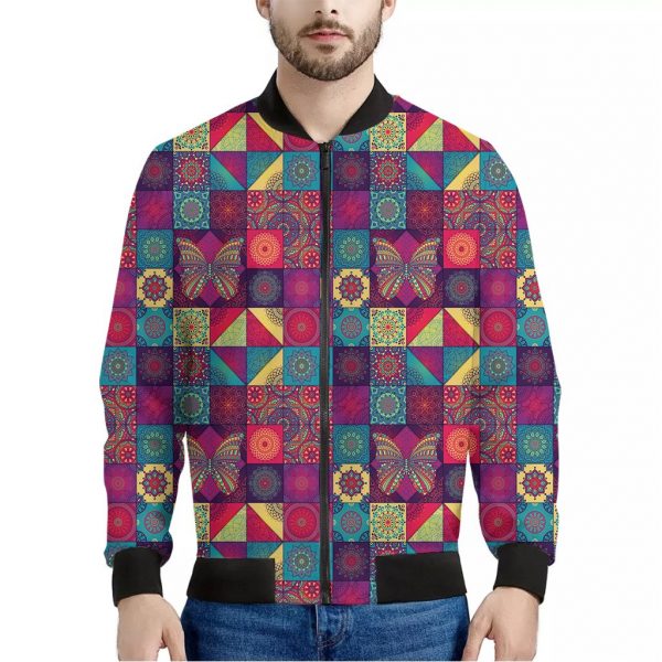 Bohemian Patchwork Pattern Print Bomber Jacket