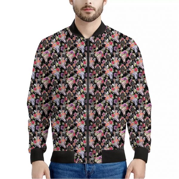Boho Deer Skull Pattern Print Bomber Jacket