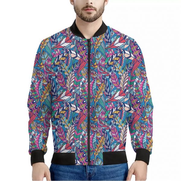 Boho Feather Pattern Print Bomber Jacket