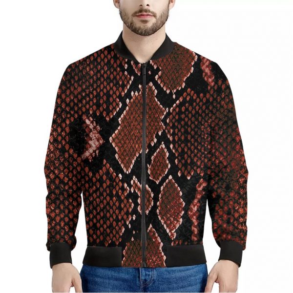 Brick Red Python Snakeskin Print Bomber Jacket