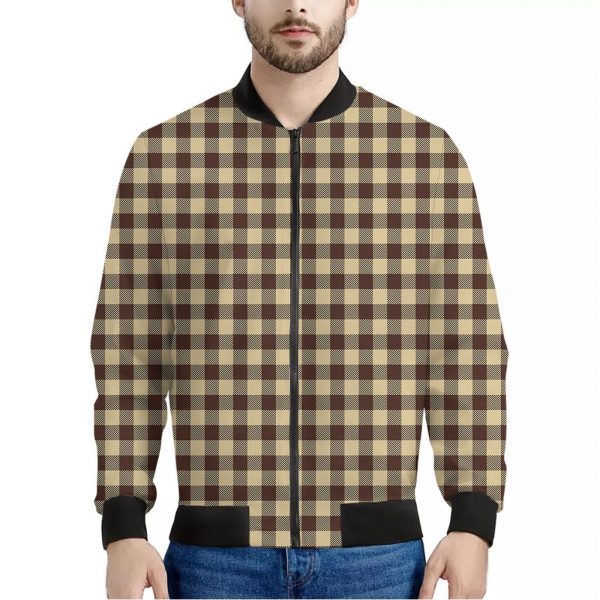 Brown And Beige Buffalo Check Print Bomber Jacket