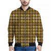 Brown And Tan Houndstooth Pattern Print Bomber Jacket
