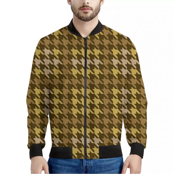 Brown And Tan Houndstooth Pattern Print Bomber Jacket