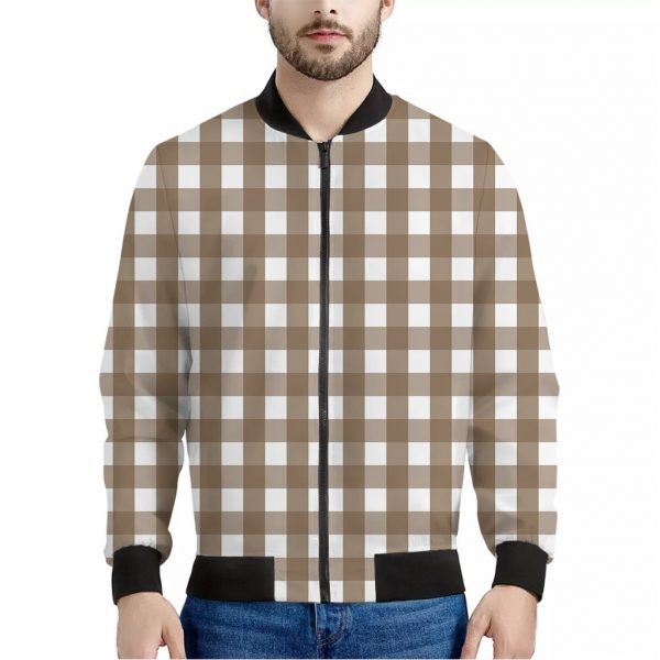 Brown And White Check Pattern Print Bomber Jacket