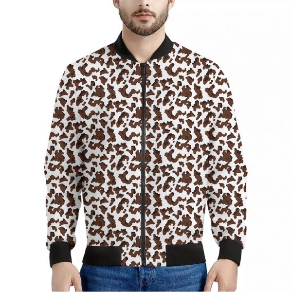 Brown And White Cow Pattern Print Bomber Jacket