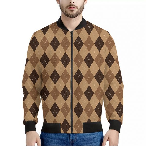 Brown Argyle Pattern Print Bomber Jacket