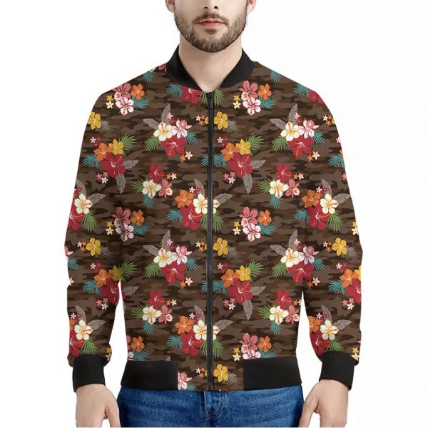 Brown Camo Hibiscus Flower Print Bomber Jacket