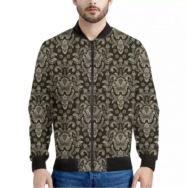 Brown Damask Pattern Print Bomber Jacket