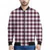 Burgundy And White Check Pattern Print Bomber Jacket