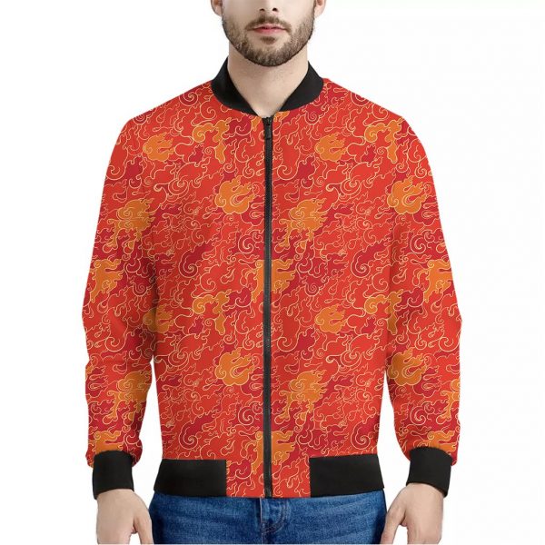 Burning Japanese Flame Pattern Print Bomber Jacket