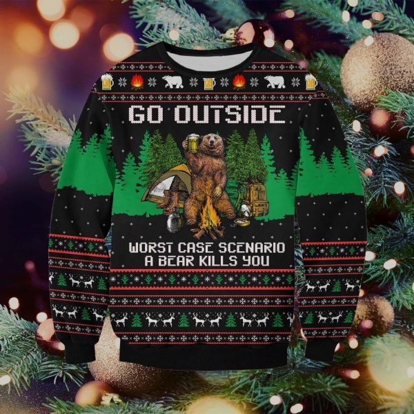 Camping Bear Kills You Knitting Pattern 3D Print Ugly Christmas Sweatshirt