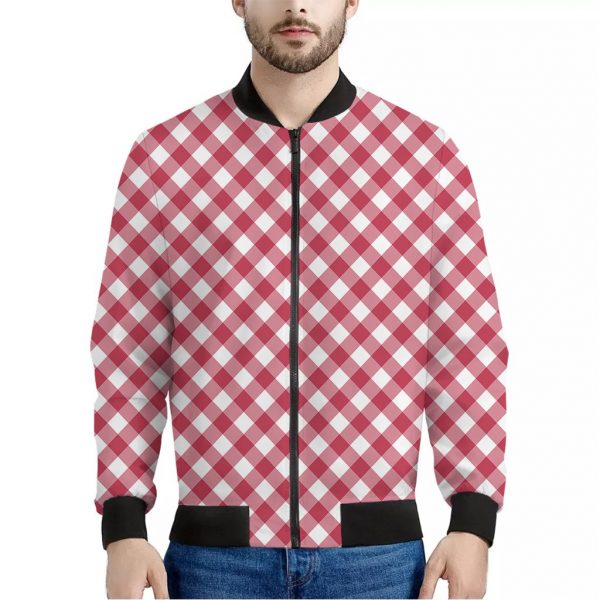 Cardinal Red And White Gingham Print Bomber Jacket