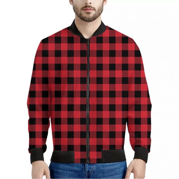 Cardinal Red Buffalo Check Pattern Print Bomber Jacket