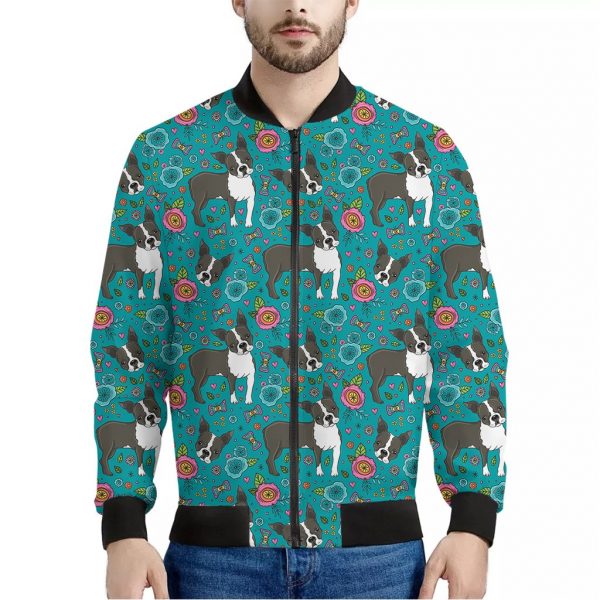 Cartoon Boston Terrier Flower Print Bomber Jacket