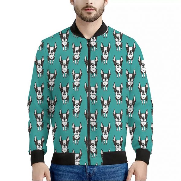 Cartoon Boston Terrier Pattern Print Bomber Jacket