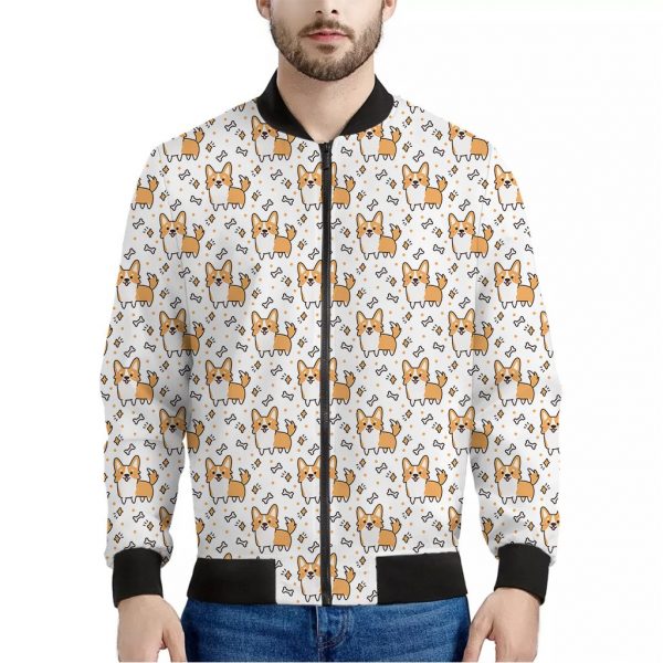 Cartoon Corgi Pattern Print Bomber Jacket
