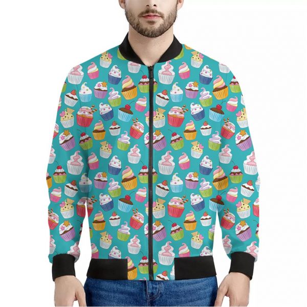 Cartoon Cupcake Pattern Print Bomber Jacket
