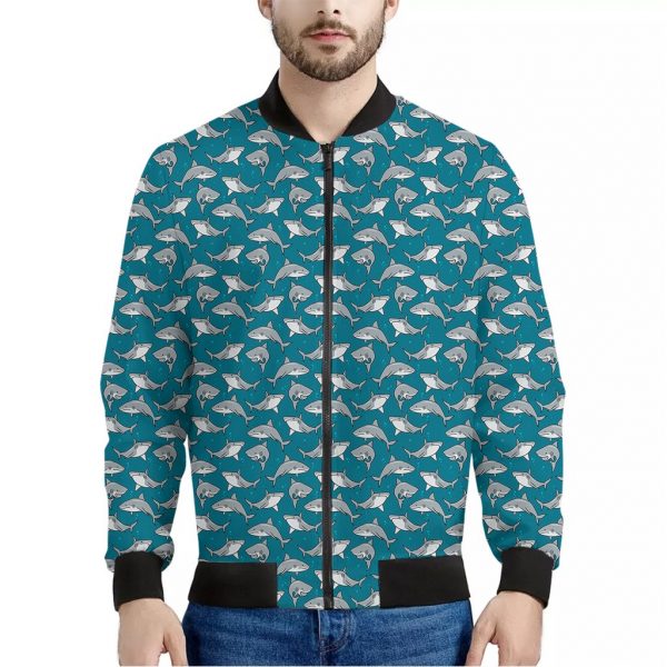 Cartoon White Shark Pattern Print Bomber Jacket
