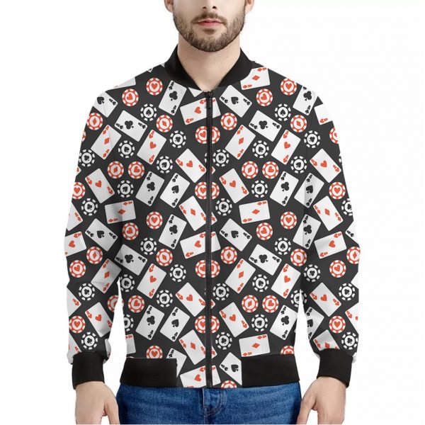 Casino Chip And Card Pattern Print Bomber Jacket