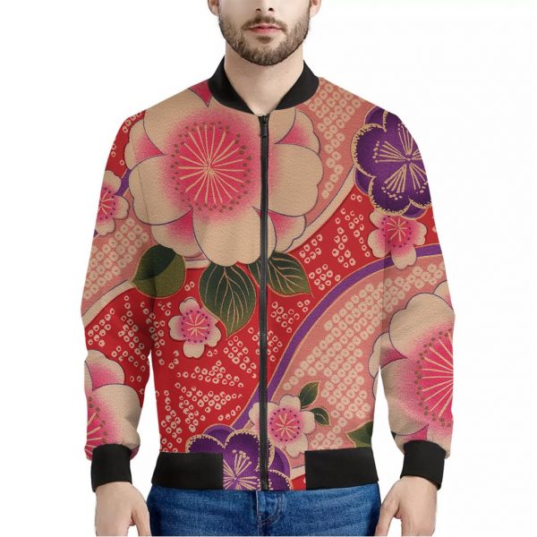 Cherry Blossom Kimono Pattern Print Bomber Jacket
