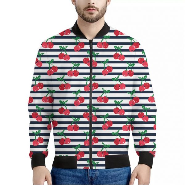 Cherry Striped Pattern Print Bomber Jacket