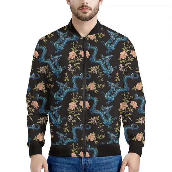Chinese Dragon And Flower Pattern Print Bomber Jacket