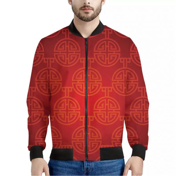 Chinese Lu Symbol Pattern Print Bomber Jacket