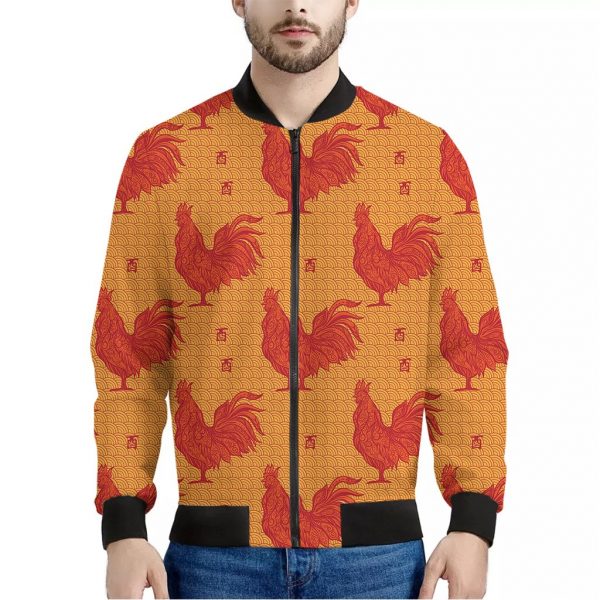 Chinese Rooster Pattern Print Bomber Jacket