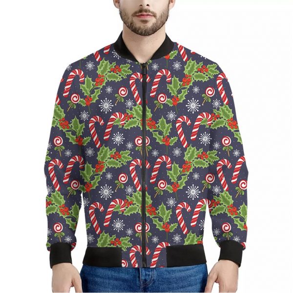 Christmas Berry And Candy Pattern Print Bomber Jacket