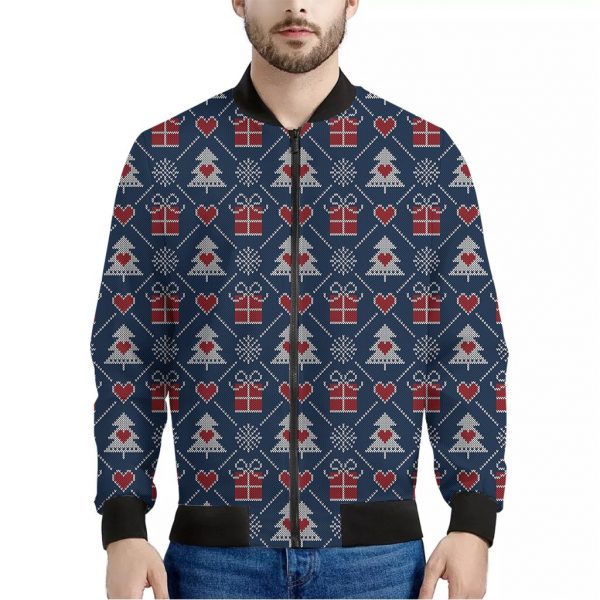 Christmas Gift Knitted Pattern Print Bomber Jacket