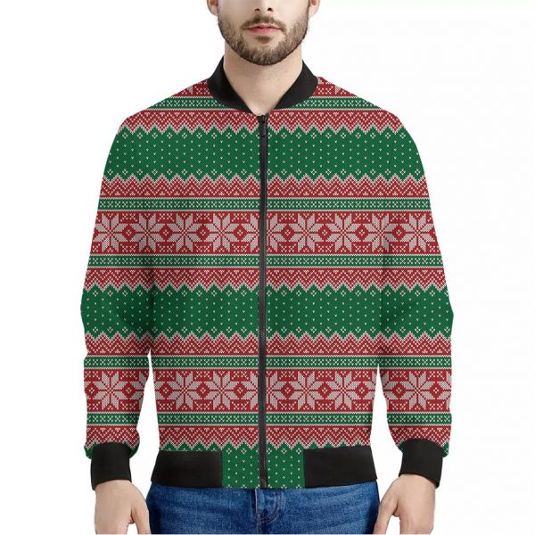 Christmas Knitted Pattern Print Bomber Jacket